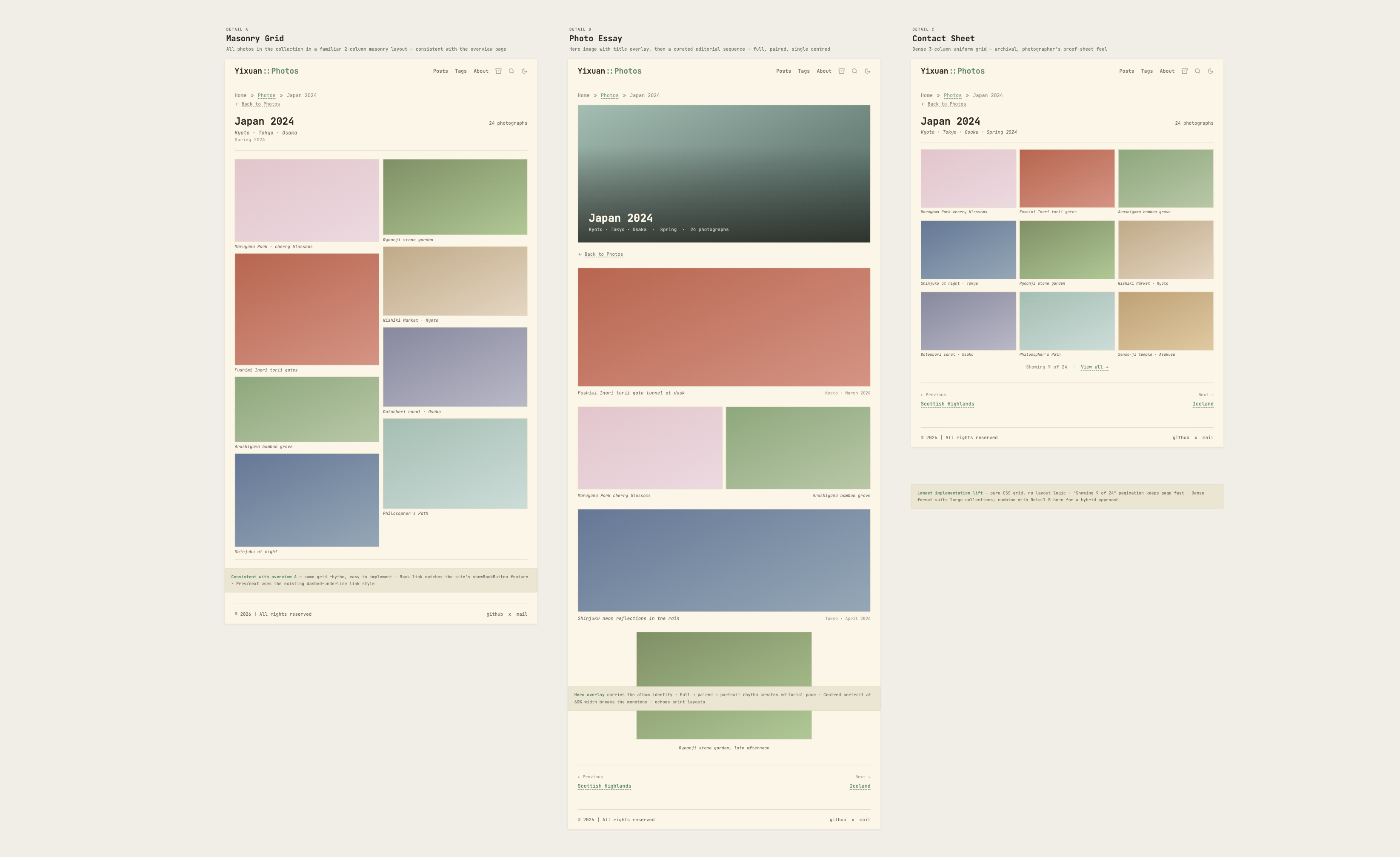 Claude Design canvas showing several layout options for the album detail page