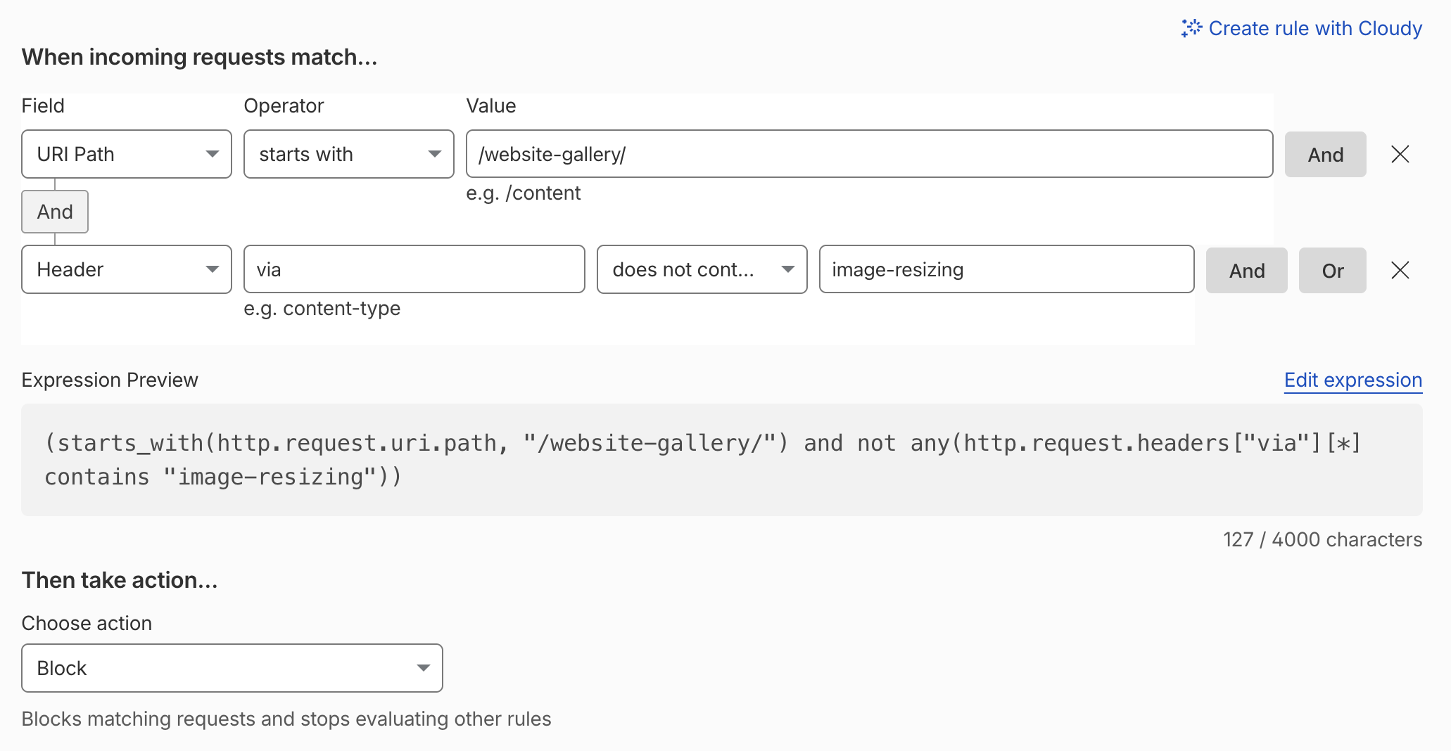 Cloudflare WAF custom rule blocking direct requests to original photos that don't carry the image-resizing via header