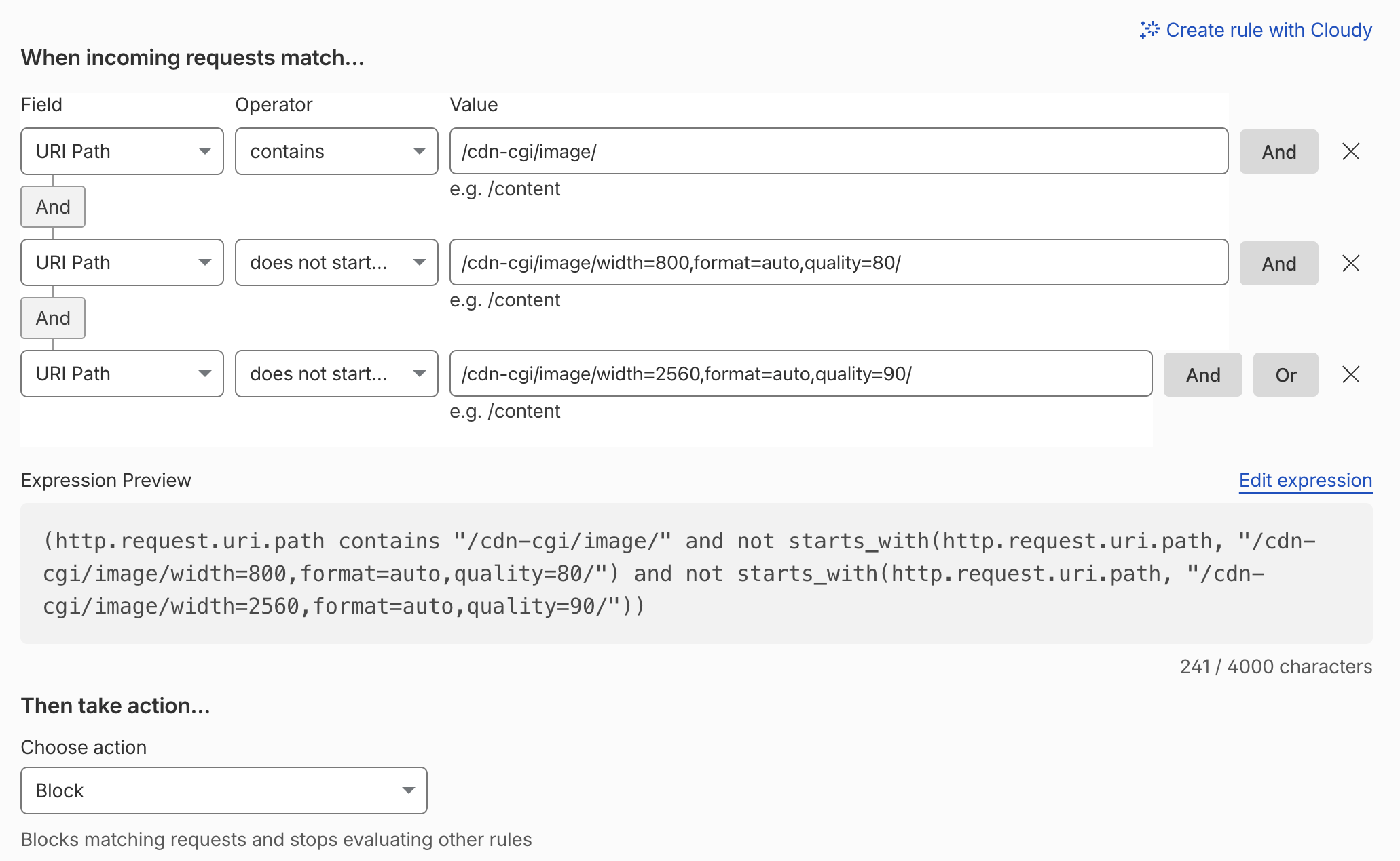 Cloudflare WAF custom rule rejecting any /cdn-cgi/image/ transformation that isn't one of the two allowed presets