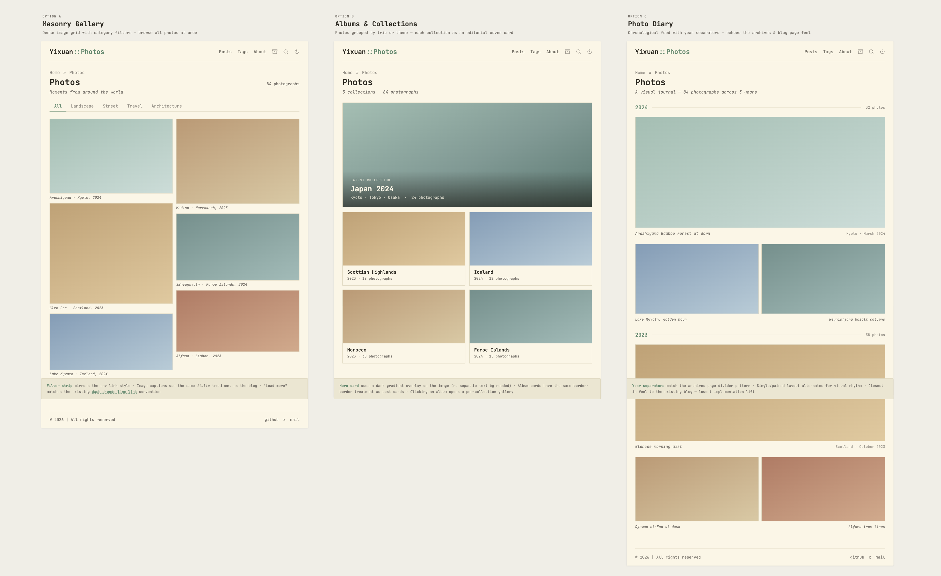 Claude Design canvas showing several layout options for the gallery page
