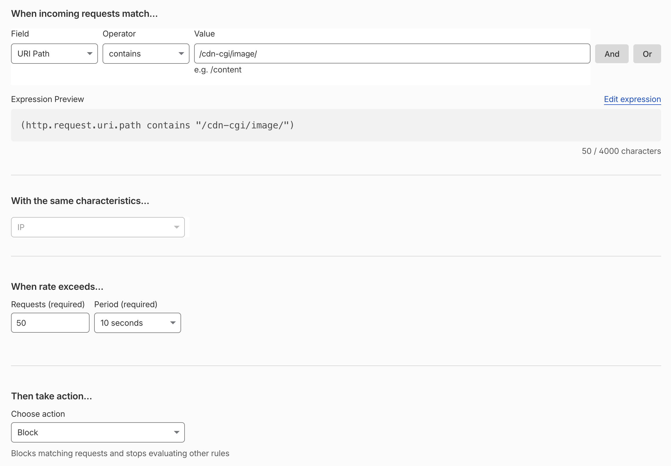 Cloudflare rate limiting rule capping requests to the /cdn-cgi/image/ path at 50 per 10 seconds